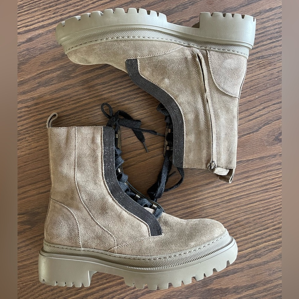 Brunello Cucinelli Suede Combat Boots w/ Monili
